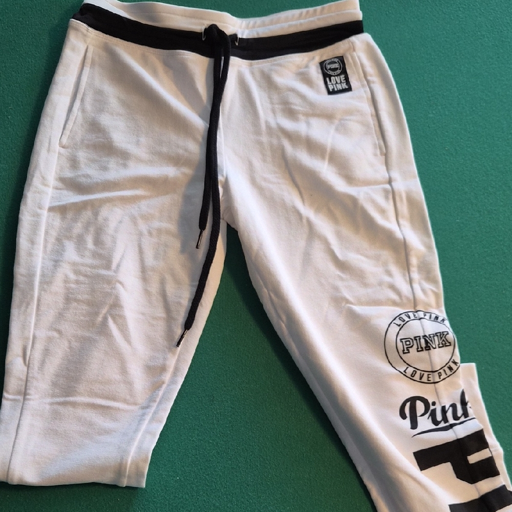 PINK Victoria's Secret White Joggers with Black Accents